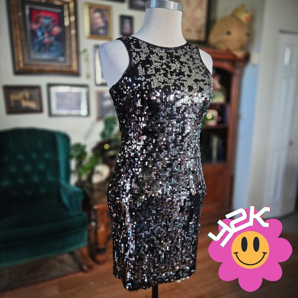 Vintage Y2K Xhilaration Black Sequin Mini Dress Sleeveless Party Club Bodycon
